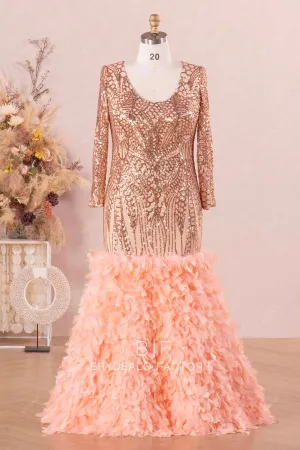 Champagne Gold Plus Size Sparkly Sequin Feather Trumpet Prom Dress