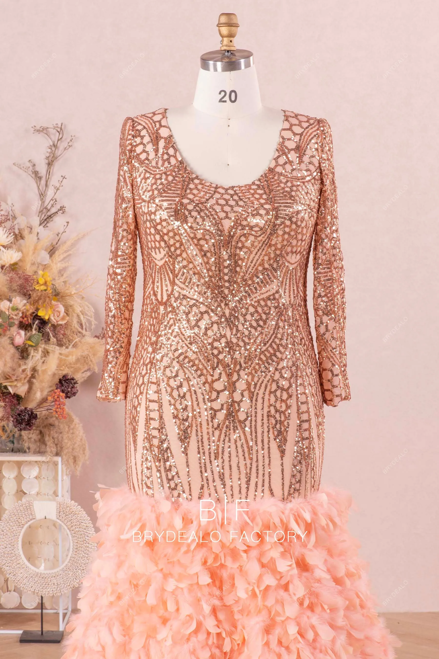 Champagne Gold Plus Size Sparkly Sequin Feather Trumpet Prom Dress