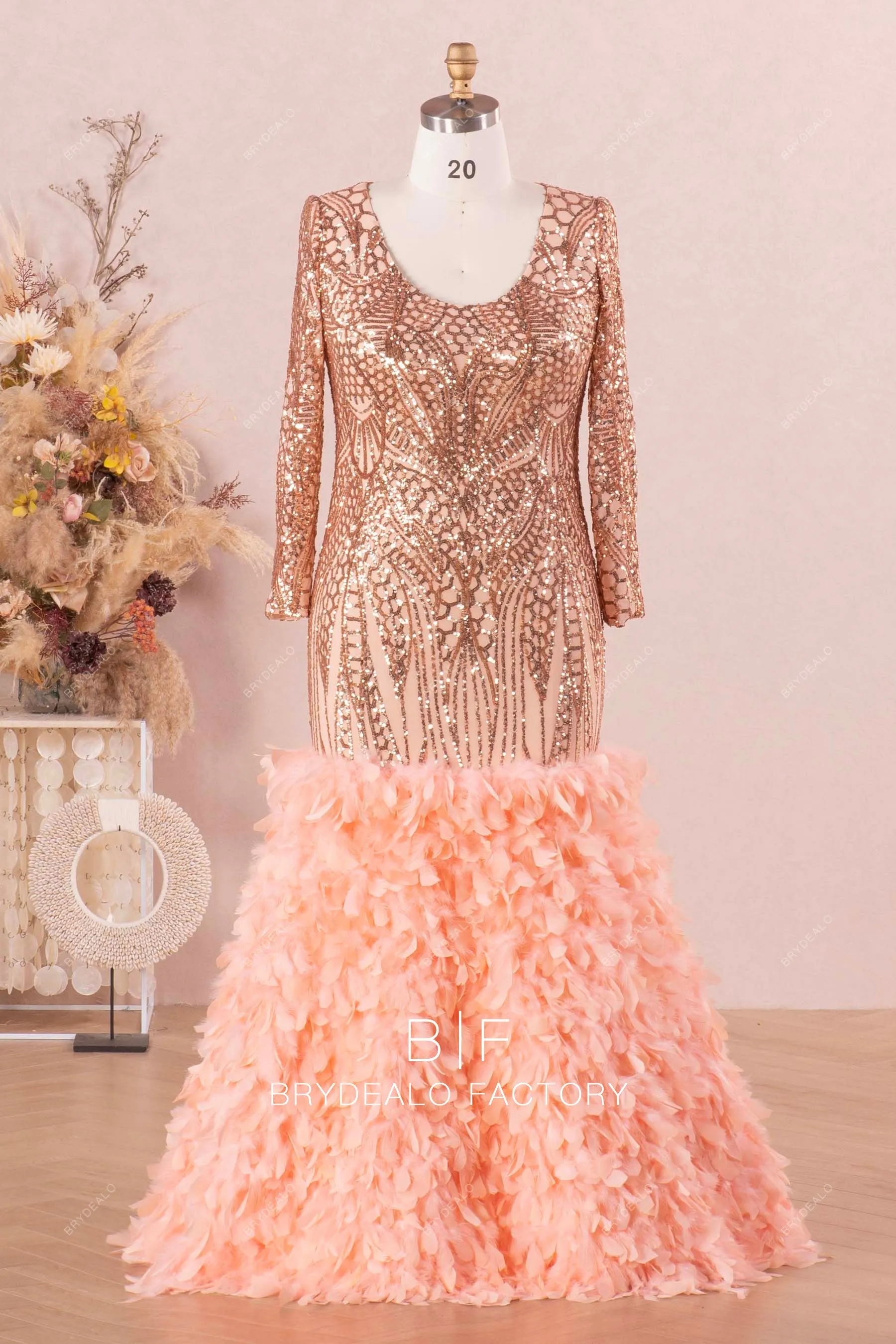 Champagne Gold Plus Size Sparkly Sequin Feather Trumpet Prom Dress