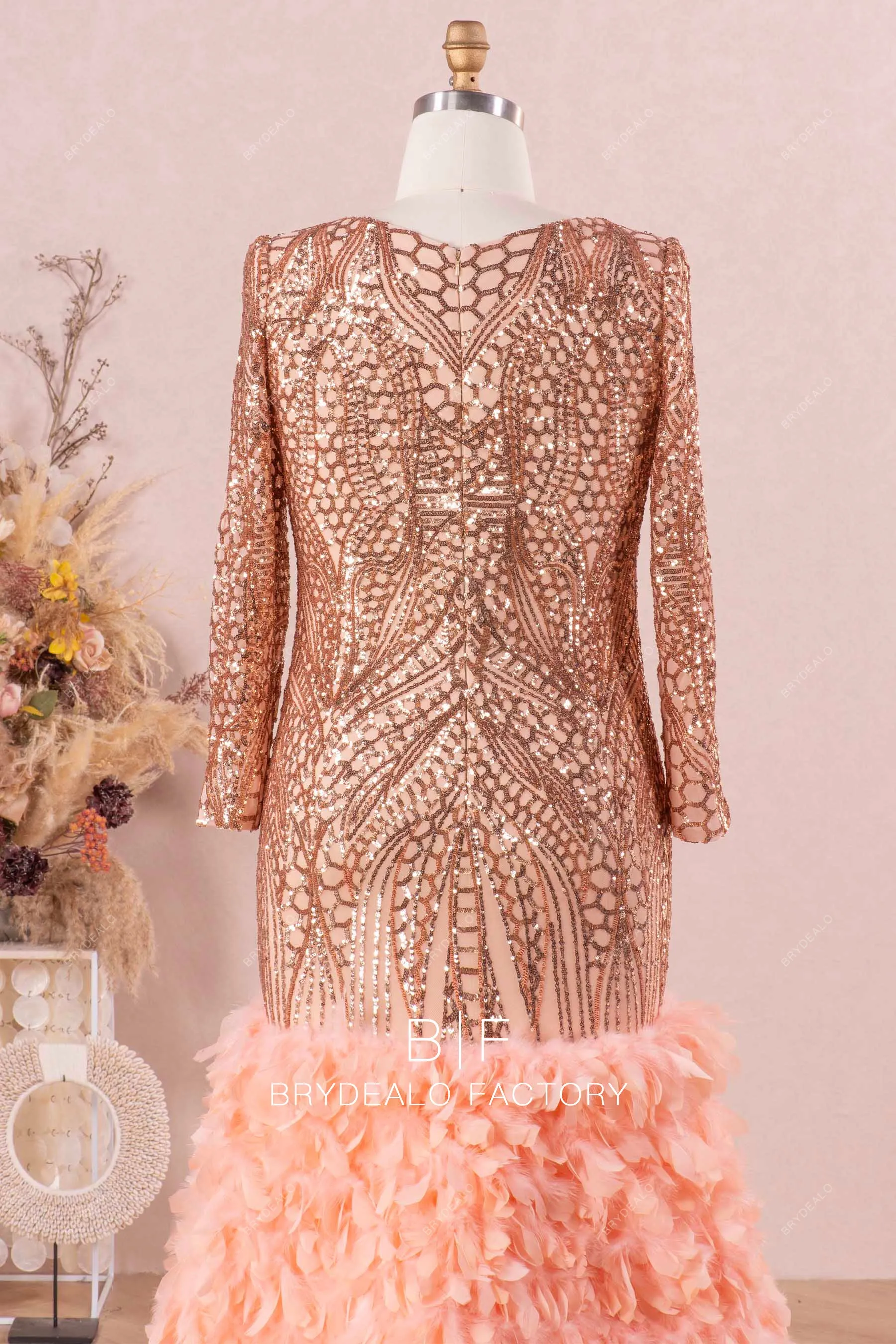 Champagne Gold Plus Size Sparkly Sequin Feather Trumpet Prom Dress