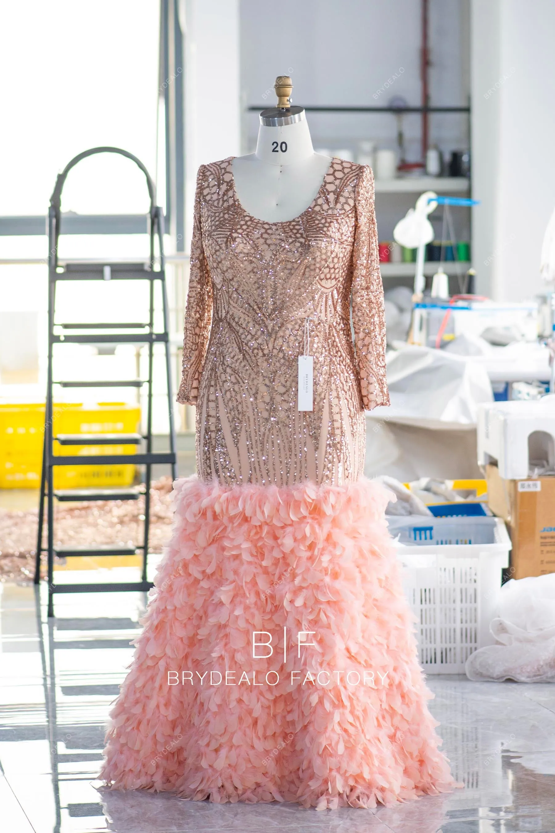 Champagne Gold Plus Size Sparkly Sequin Feather Trumpet Prom Dress