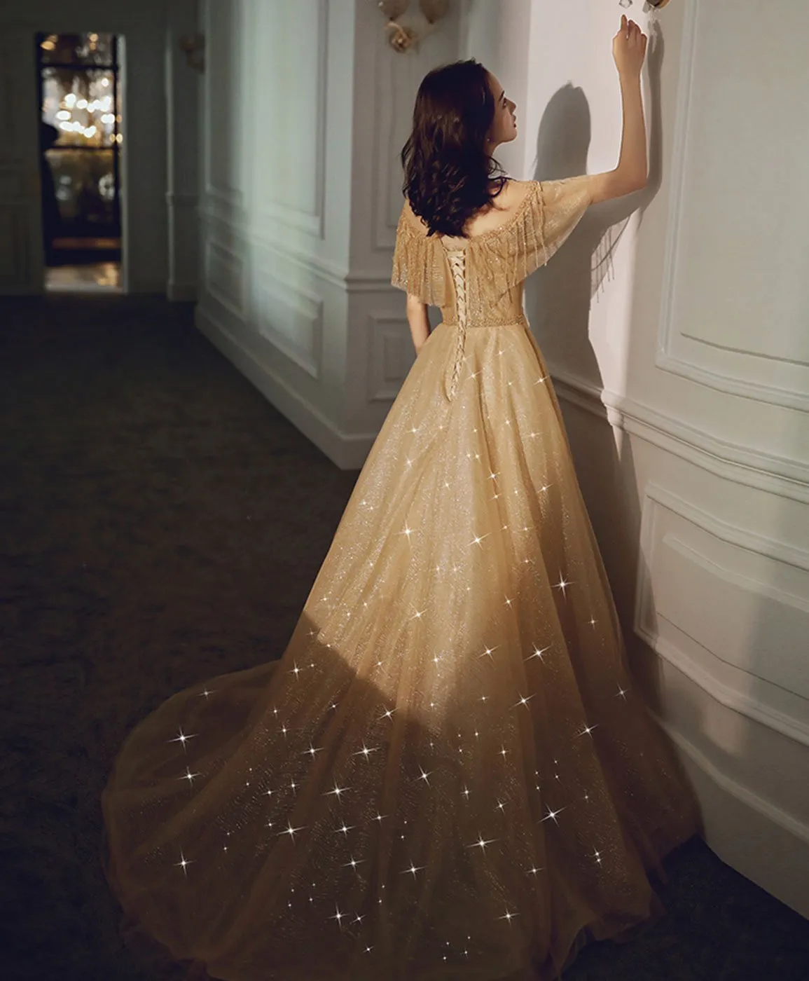Champagne Round Neck Tulle Sequin Long Prom Dress Tulle Formal Dress