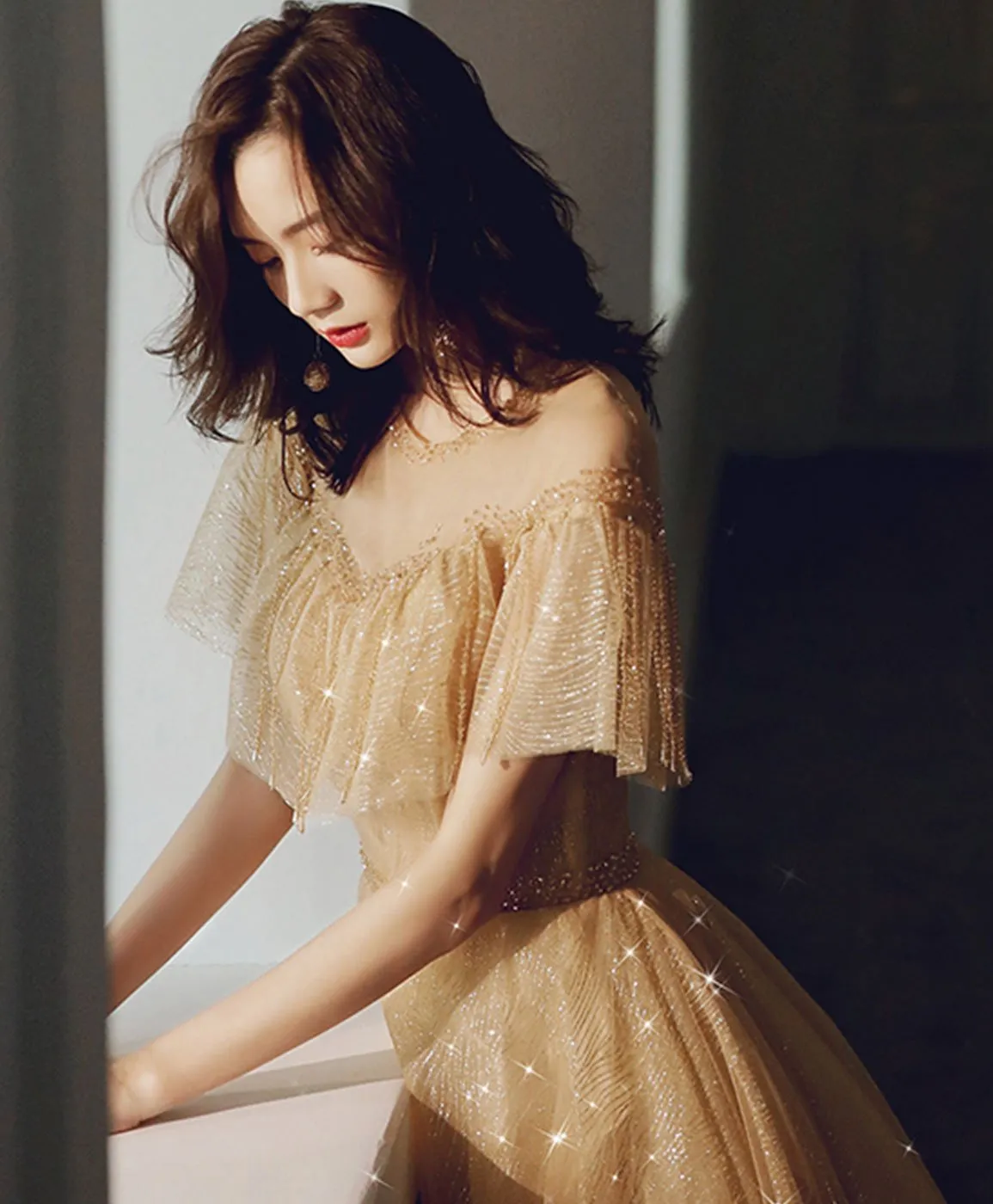 Champagne Round Neck Tulle Sequin Long Prom Dress Tulle Formal Dress