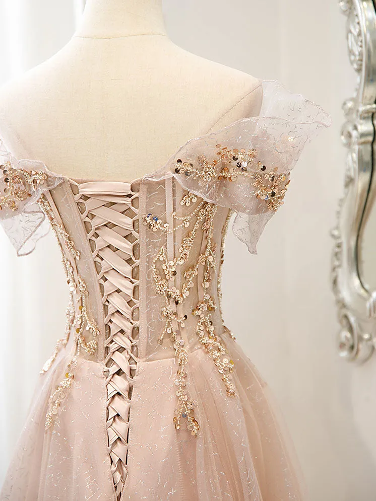 Champagne Tulle Lace A line Long Prom Dress Lace Champagne Evening Dress