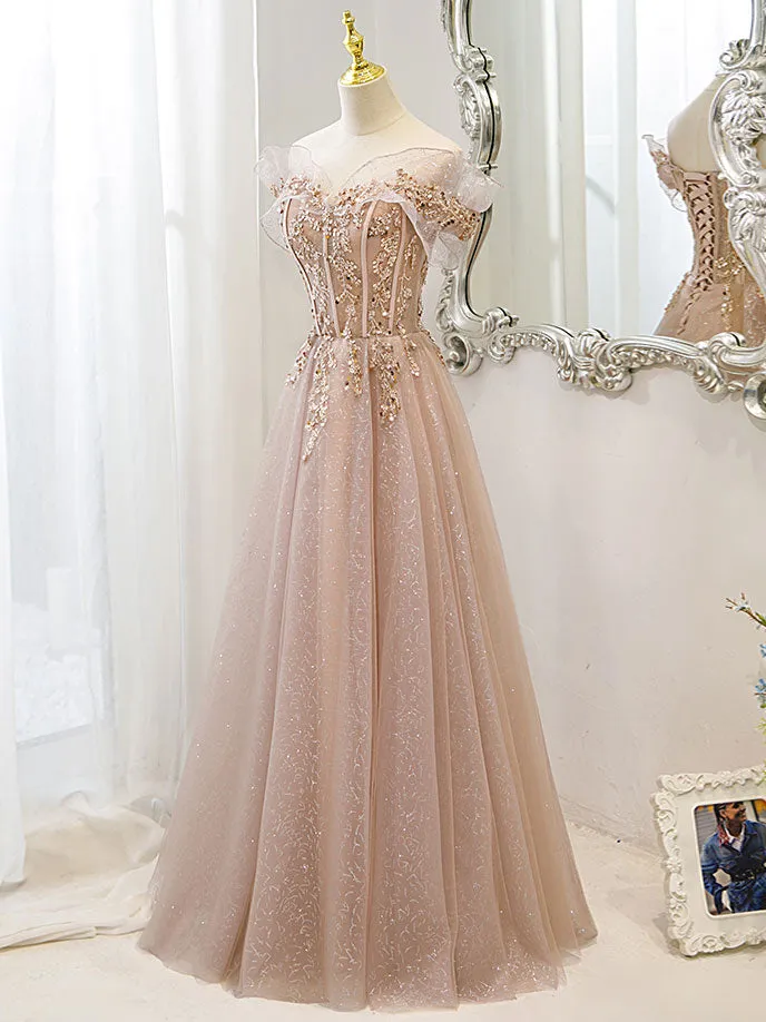 Champagne Tulle Lace A line Long Prom Dress Lace Champagne Evening Dress