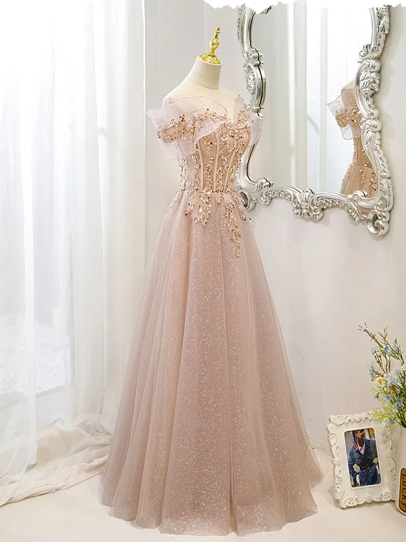 Champagne Tulle Lace A line Long Prom Dress Lace Champagne Evening Dress