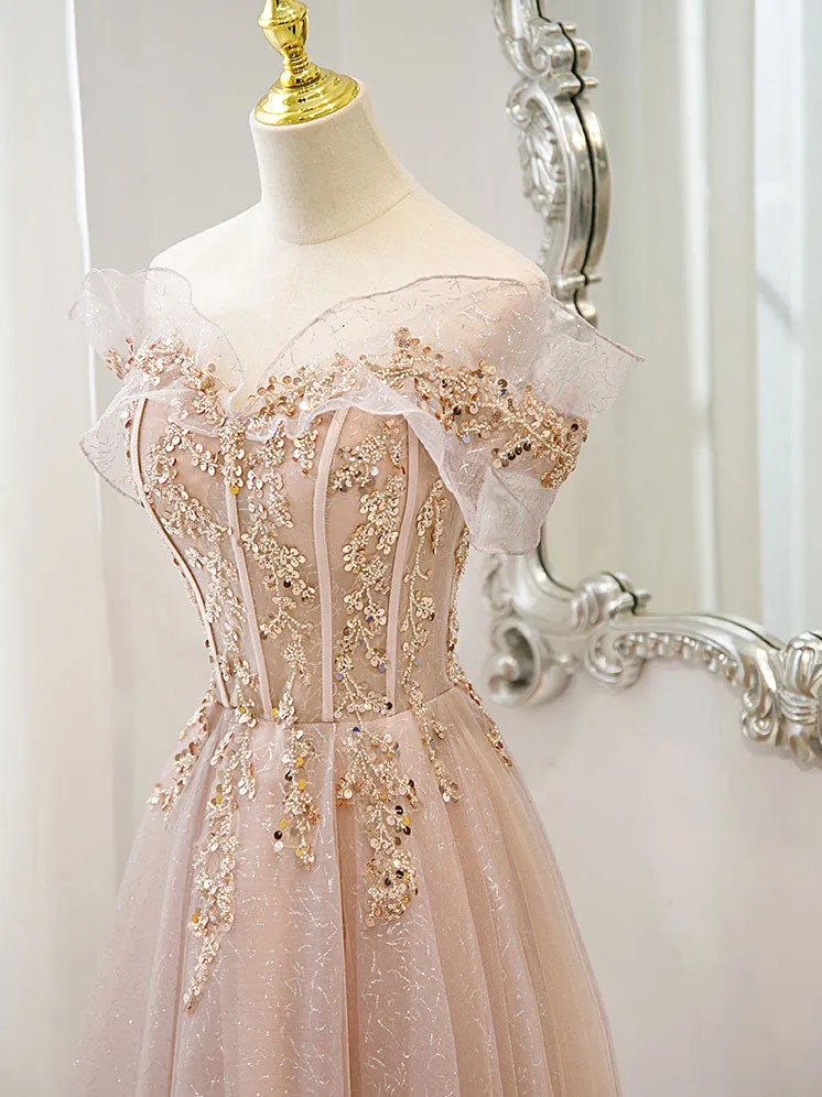 Champagne Tulle Lace A line Long Prom Dress Lace Champagne Evening Dress