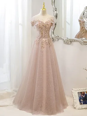 Champagne Tulle Lace A line Long Prom Dress Lace Champagne Evening Dress