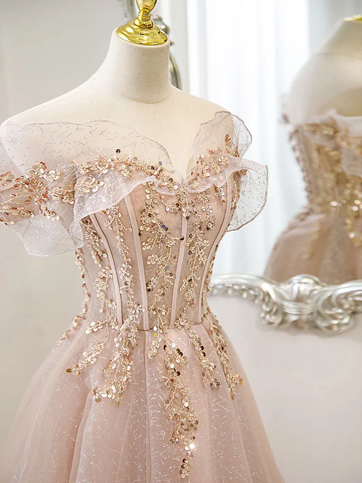 Champagne Tulle Lace A line Long Prom Dress Lace Champagne Evening Dress
