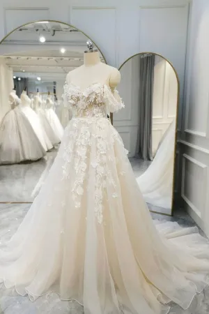 Champagne Tulle Lace Long Prom Dress A-Line Evening Gown