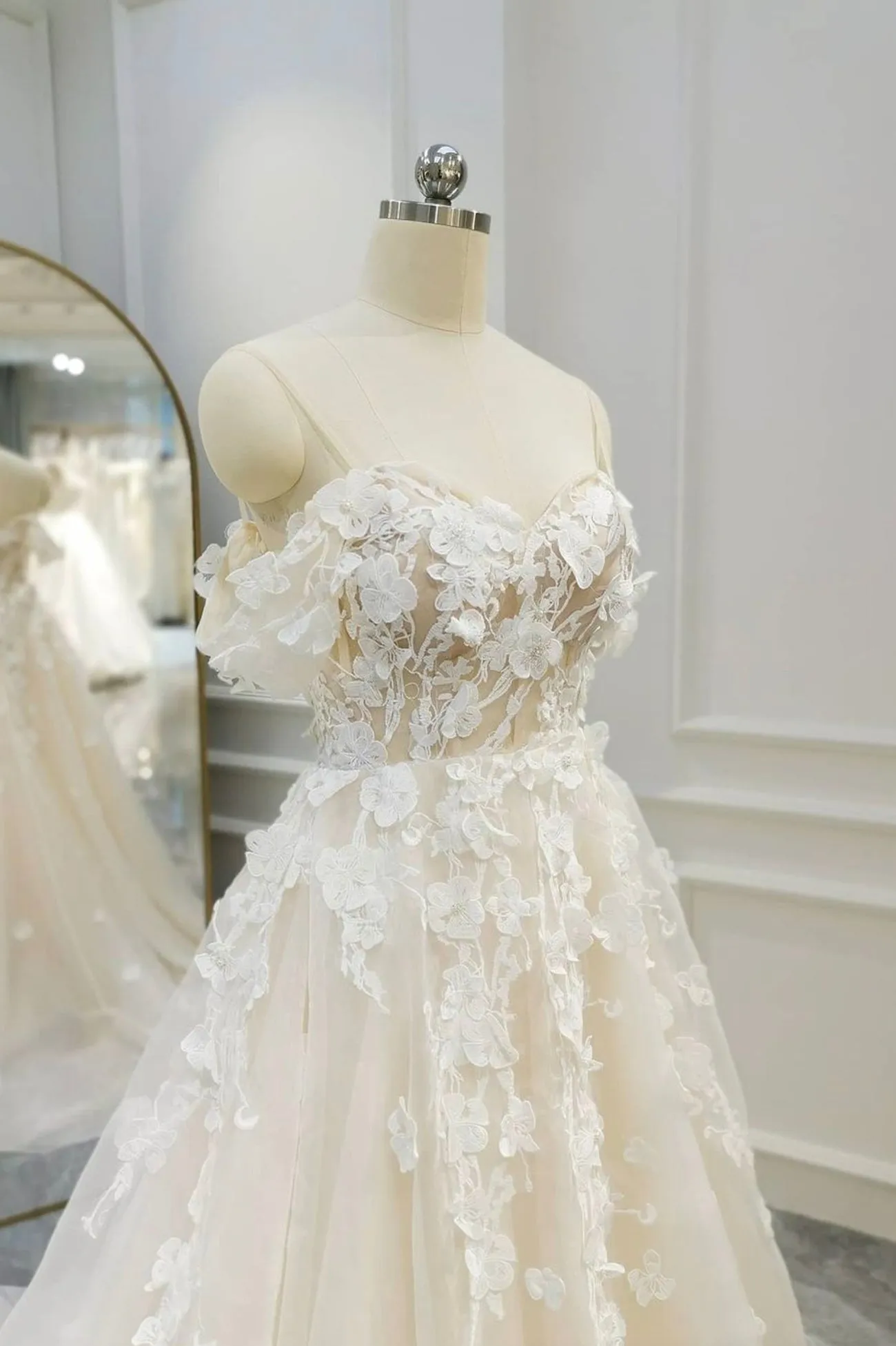Champagne Tulle Lace Long Prom Dress A-Line Evening Gown
