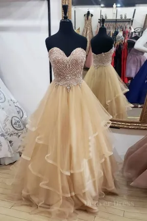 Champagne tulle sweetheart long prom dress champagne evening dress