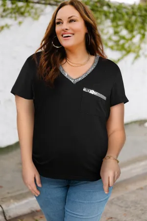 Contrast Sequin V-Neck Tee Shirt Voluptuous ( ) Plus Size