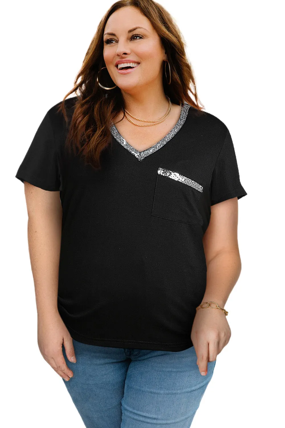 Contrast Sequin V-Neck Tee Shirt Voluptuous ( ) Plus Size
