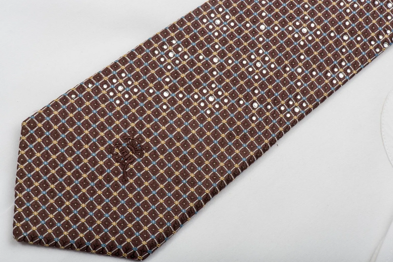 Countess Mara Rhinestone Silk Necktie Silver Trellis On Brown With Sparkles