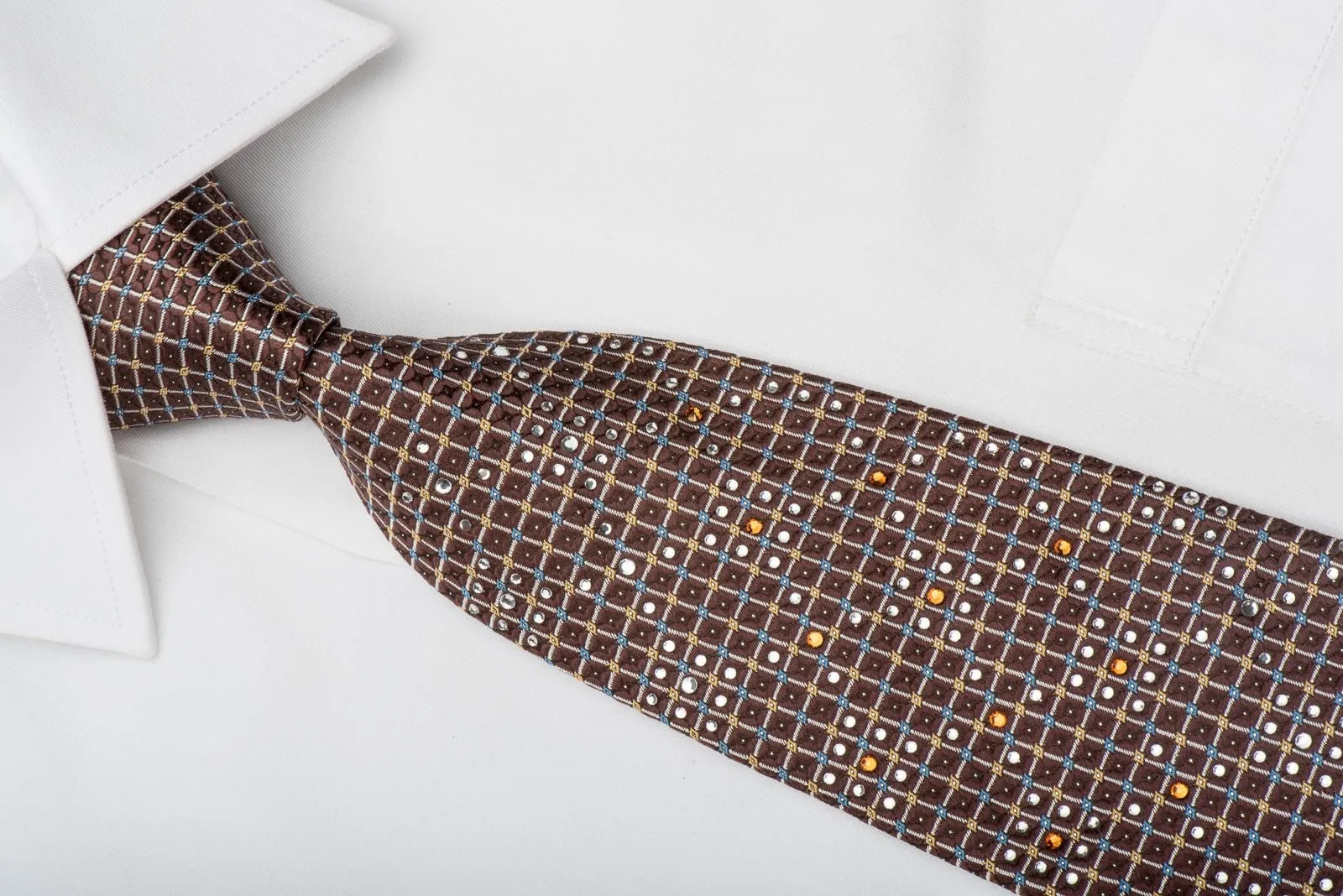 Countess Mara Rhinestone Silk Necktie Silver Trellis On Brown With Sparkles