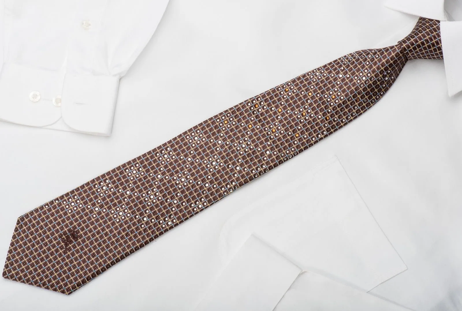 Countess Mara Rhinestone Silk Necktie Silver Trellis On Brown With Sparkles