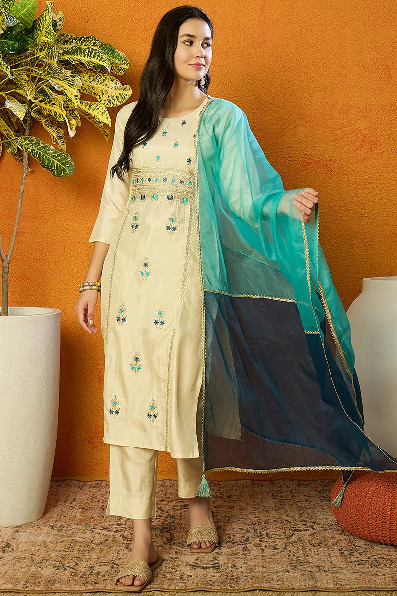 Cream Silk Blend Solid Embroidered Straight Suit Set
