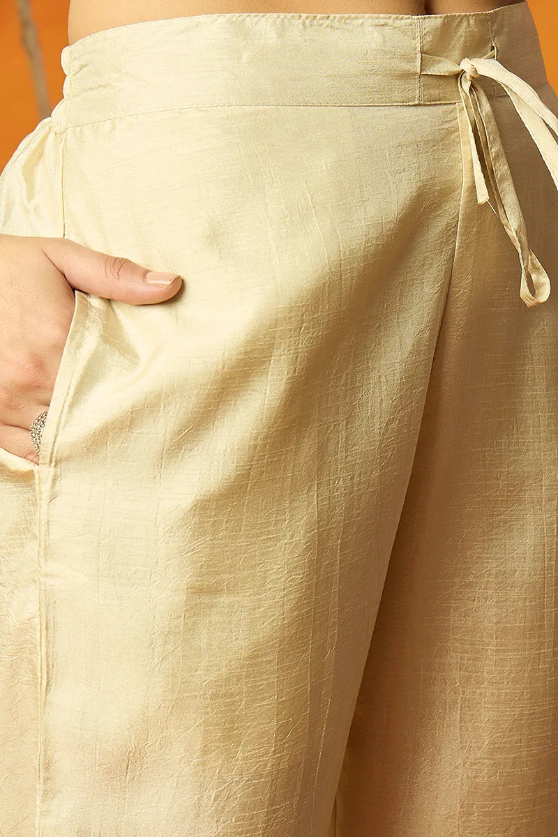Cream Silk Blend Solid Embroidered Straight Suit Set