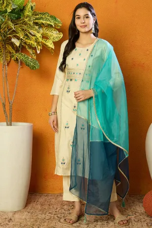 Cream Silk Blend Solid Embroidered Straight Suit Set