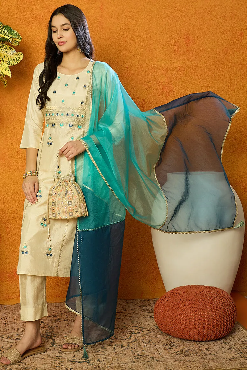 Cream Silk Blend Solid Embroidered Straight Suit Set