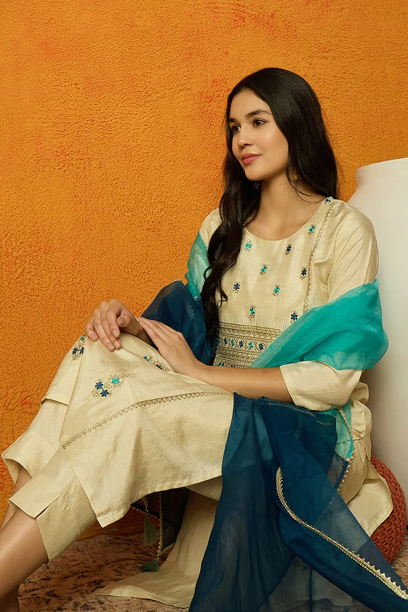 Cream Silk Blend Solid Embroidered Straight Suit Set