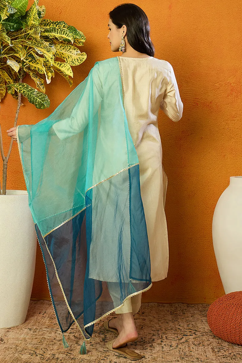 Cream Silk Blend Solid Embroidered Straight Suit Set