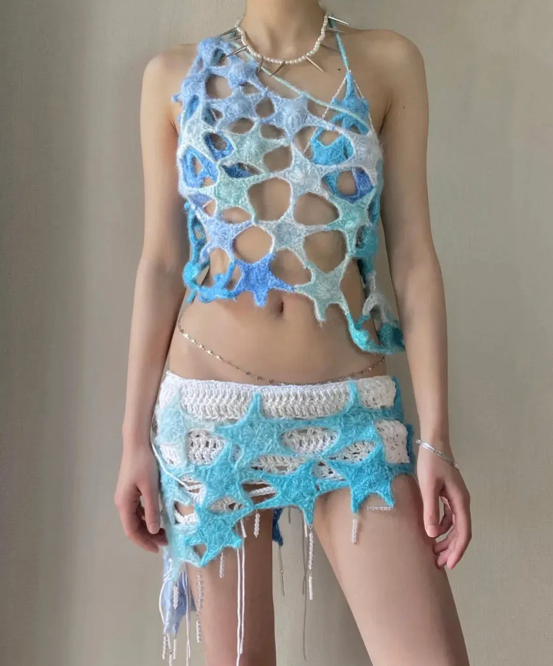 [Customized Handmade] Mermaid light Handmade knitted crop top skirt set
