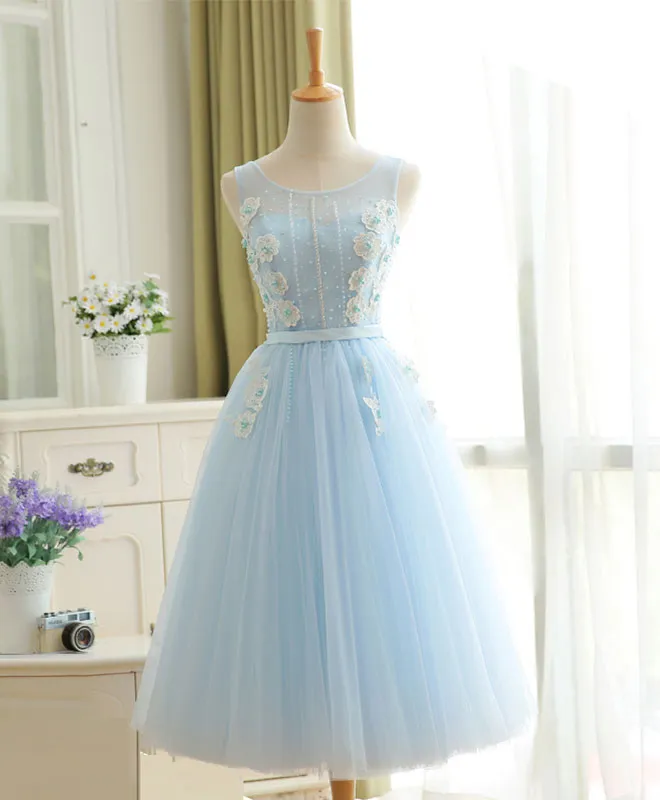 Cute Sky Blue Lace Tulle Short Prom Dress, Homecoming Dress