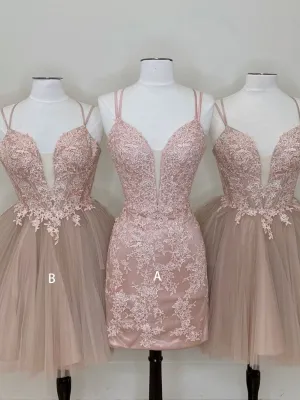 Cute tulle pink lace short prom dress cute lace homecoming dress