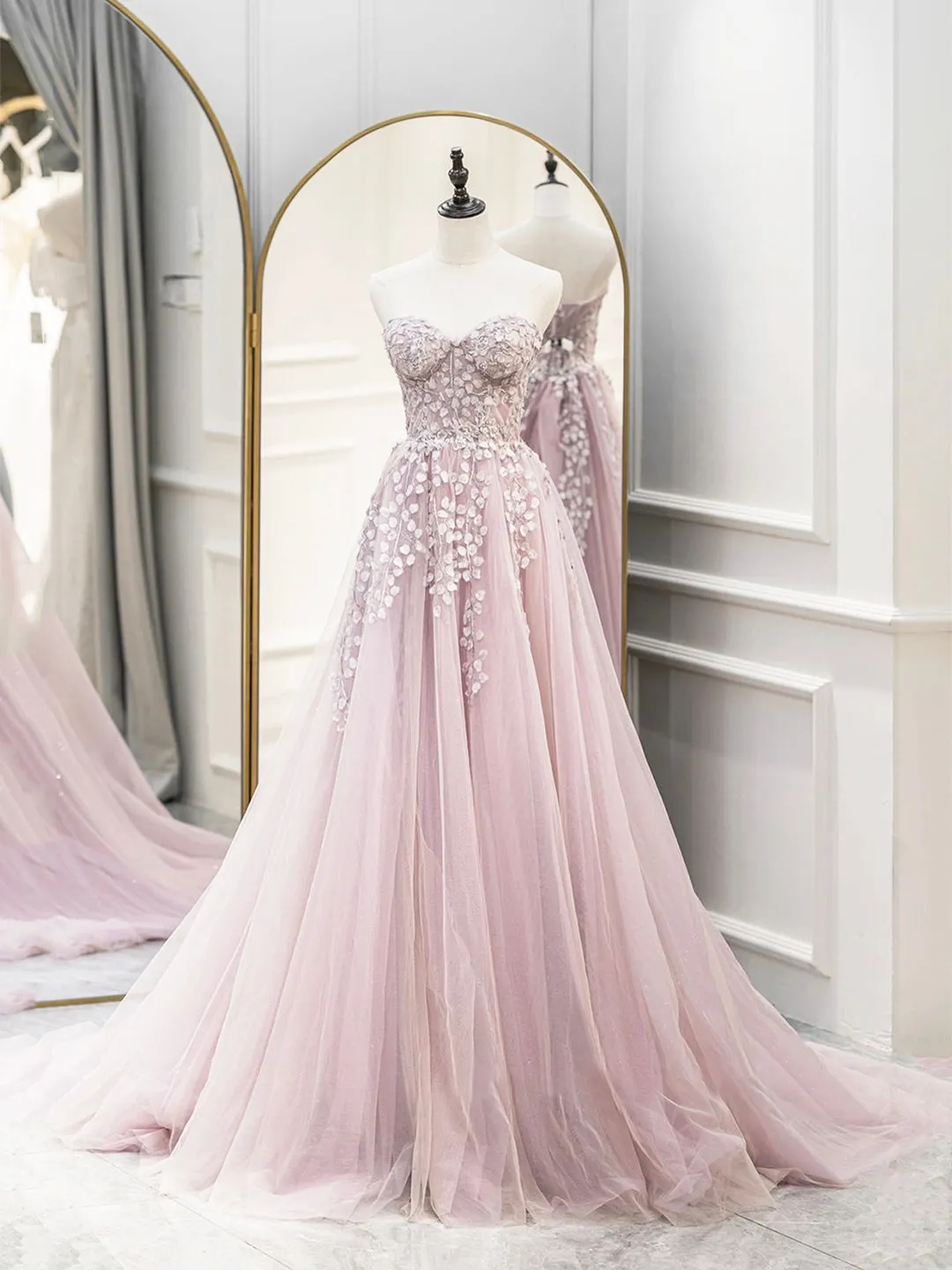 Cute Tulle Sweetheart Long Party Dress with Lace Beautiful A-Line Prom Dress