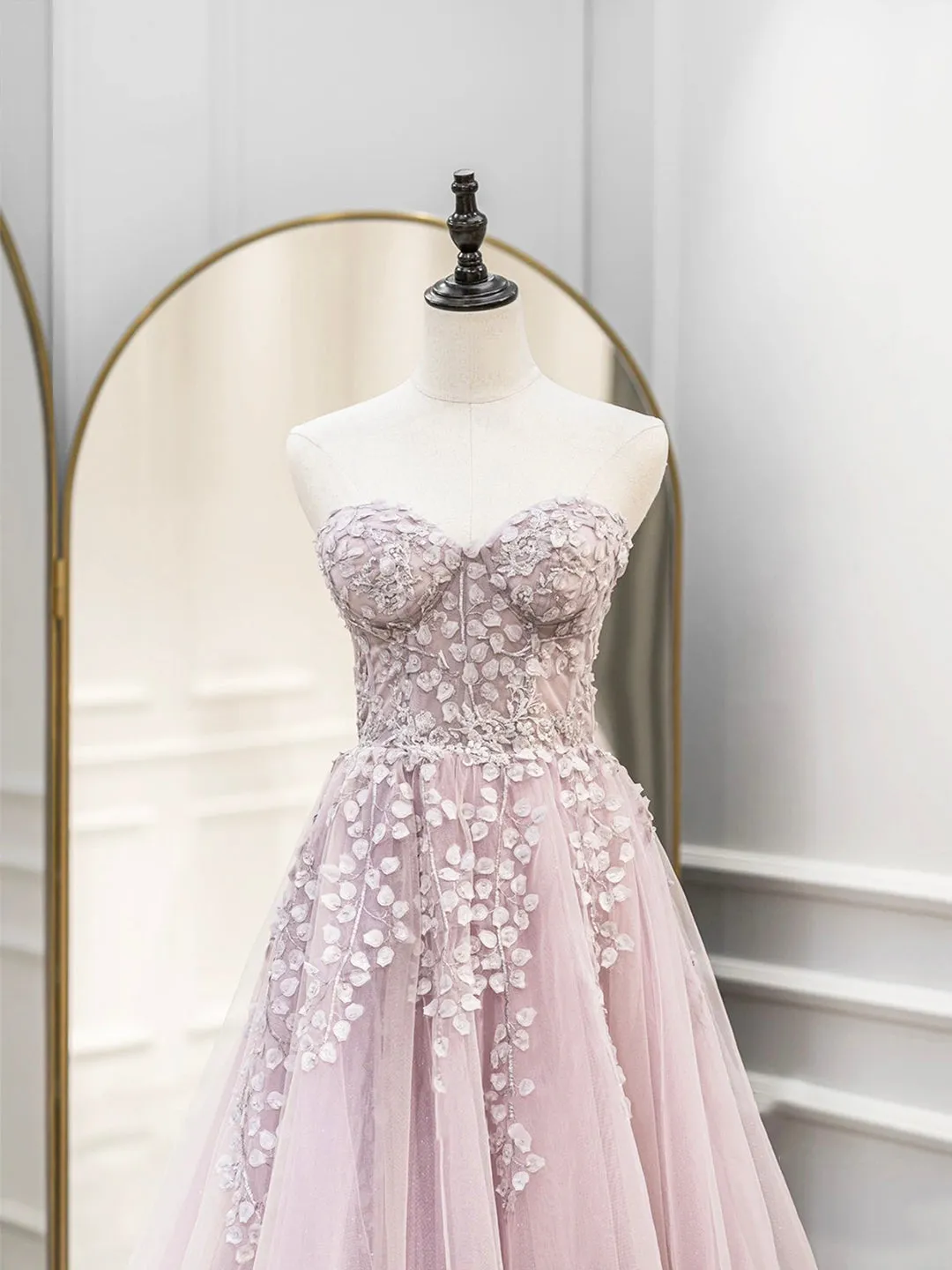 Cute Tulle Sweetheart Long Party Dress with Lace Beautiful A-Line Prom Dress