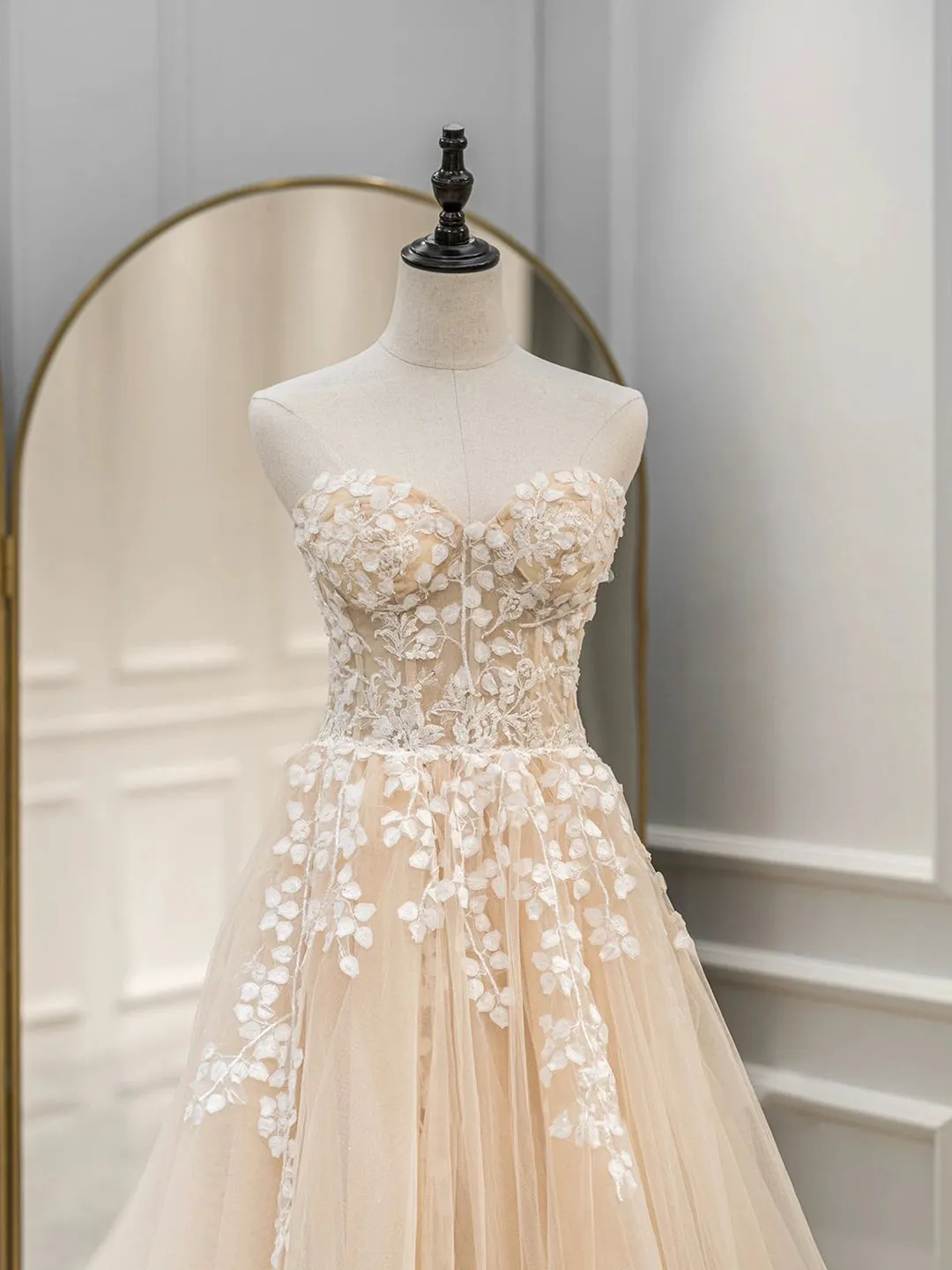 Cute Tulle Sweetheart Long Party Dress with Lace Beautiful A-Line Prom Dress