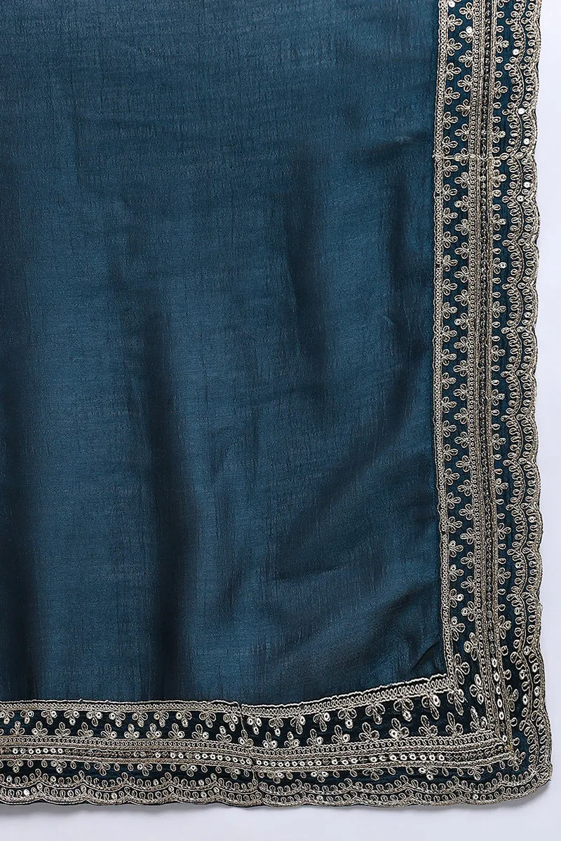 Dark Blue Silk Blend Solid Embroidered Straight Suit Set