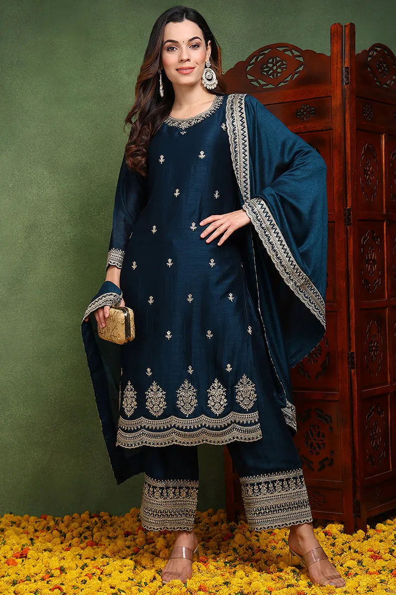 Dark Blue Silk Blend Solid Embroidered Straight Suit Set