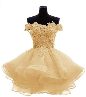 Elegant Yellow Appliques Tulle Dress Ruffles Off Shoulder Short Homecoming Dress