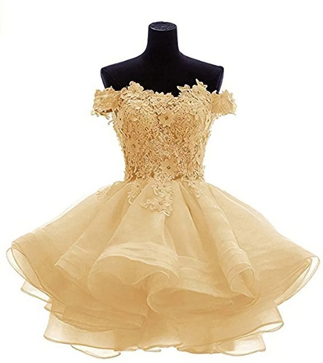 Elegant Yellow Appliques Tulle Dress Ruffles Off Shoulder Short Homecoming Dress