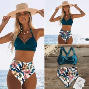 Floral Bottom High Waist Bikini Halter Swimsuit