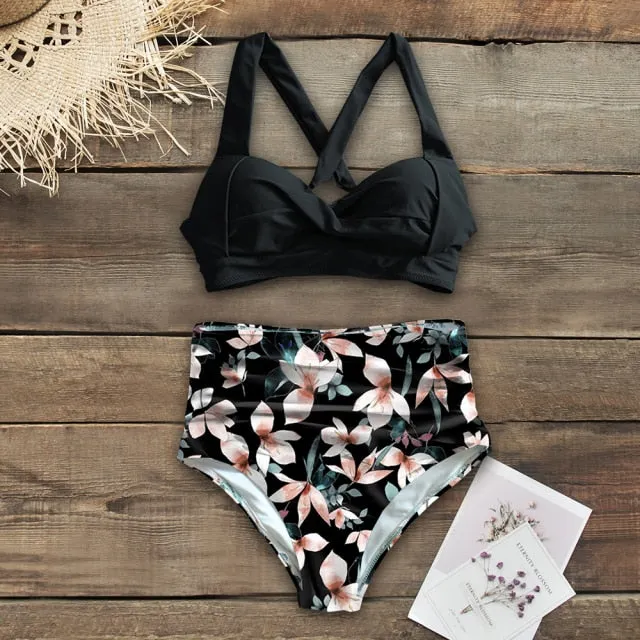 Floral Bottom High Waist Bikini Halter Swimsuit