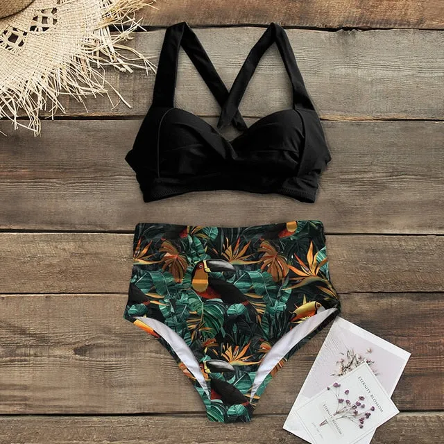 Floral Bottom High Waist Bikini Halter Swimsuit