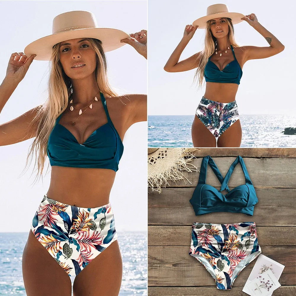 Floral Bottom High Waist Bikini Halter Swimsuit