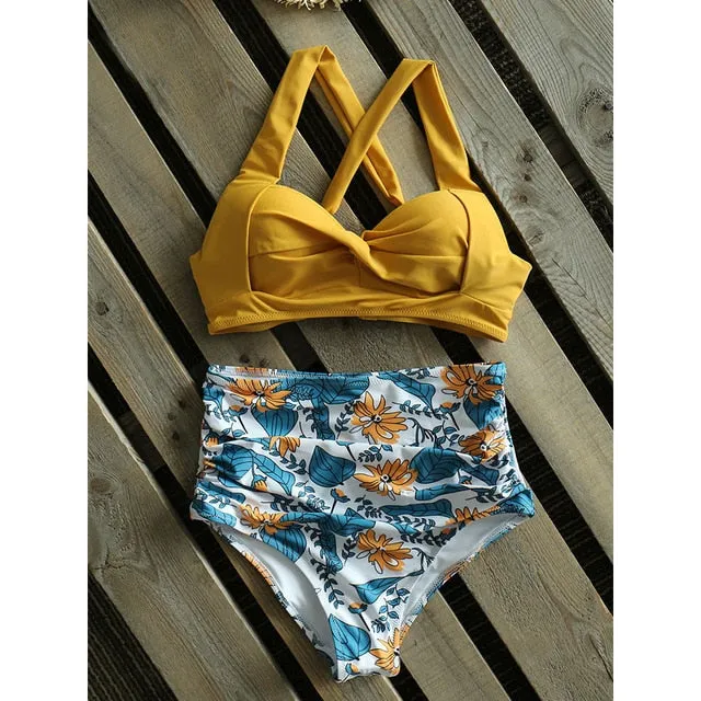 Floral Bottom High Waist Bikini Halter Swimsuit