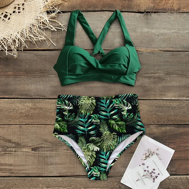 Floral Bottom High Waist Bikini Halter Swimsuit