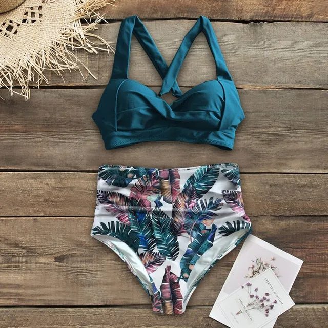 Floral Bottom High Waist Bikini Halter Swimsuit