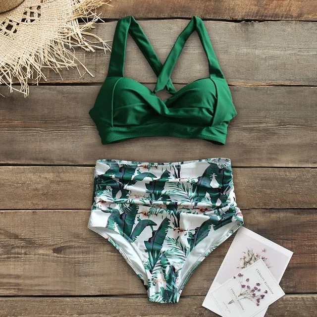 Floral Bottom High Waist Bikini Halter Swimsuit
