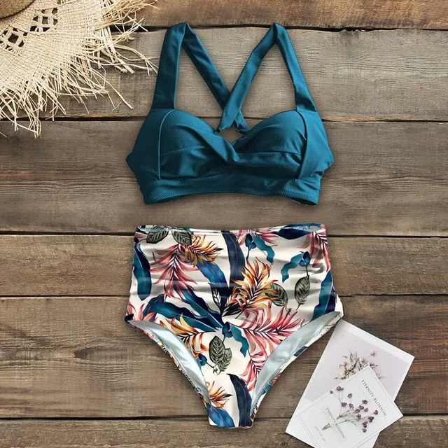 Floral Bottom High Waist Bikini Halter Swimsuit