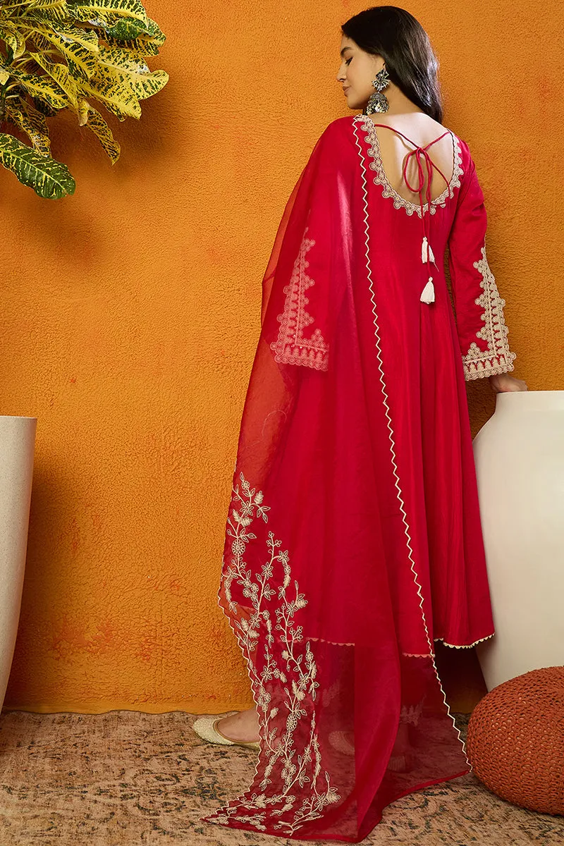 Fuchsia Silk Blend Solid Embroidered Flared Suit Set