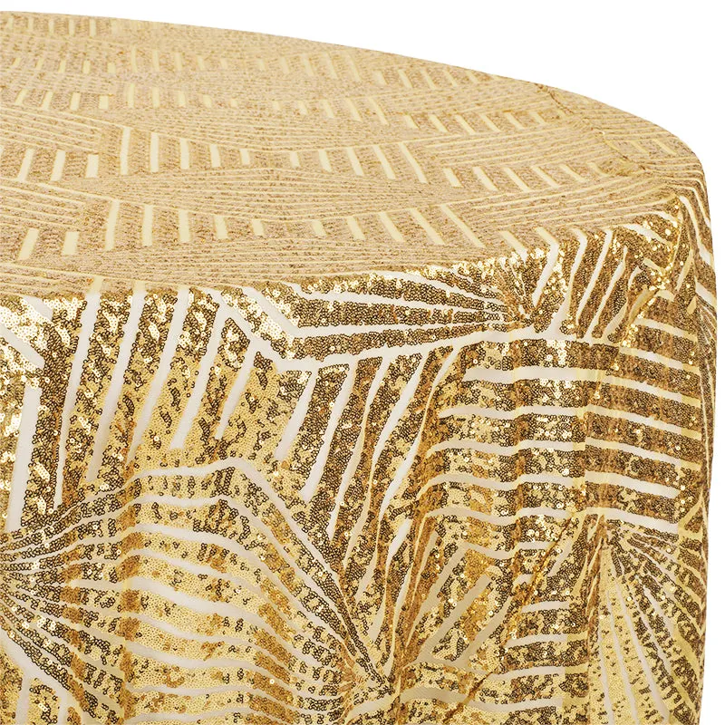 Geometric Glitz Art Deco Sequin Tablecloth 132" Round - Gold