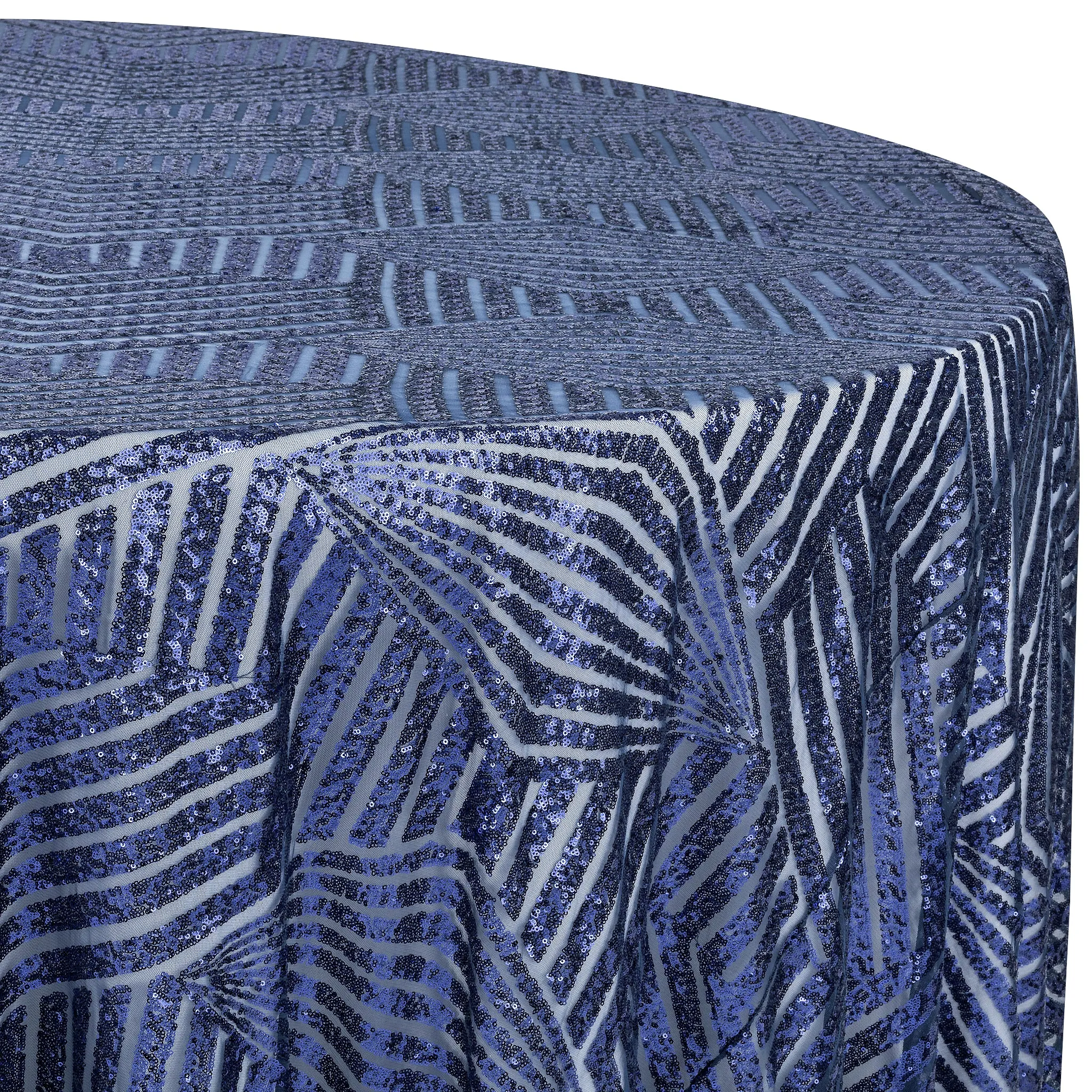 Geometric Glitz Art Deco Sequin Tablecloth 132" Round - Navy Blue