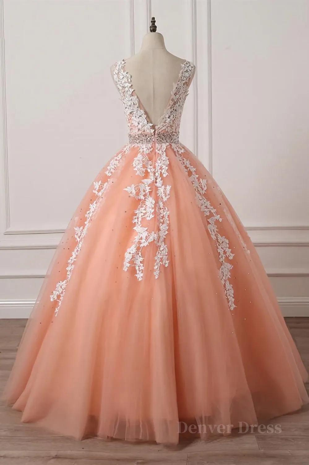 Gorgeous V Neck Open Back Coral Lace Floral Long Prom Dress Coral Lace Formal Dress Coral Evening Dress with Appliques